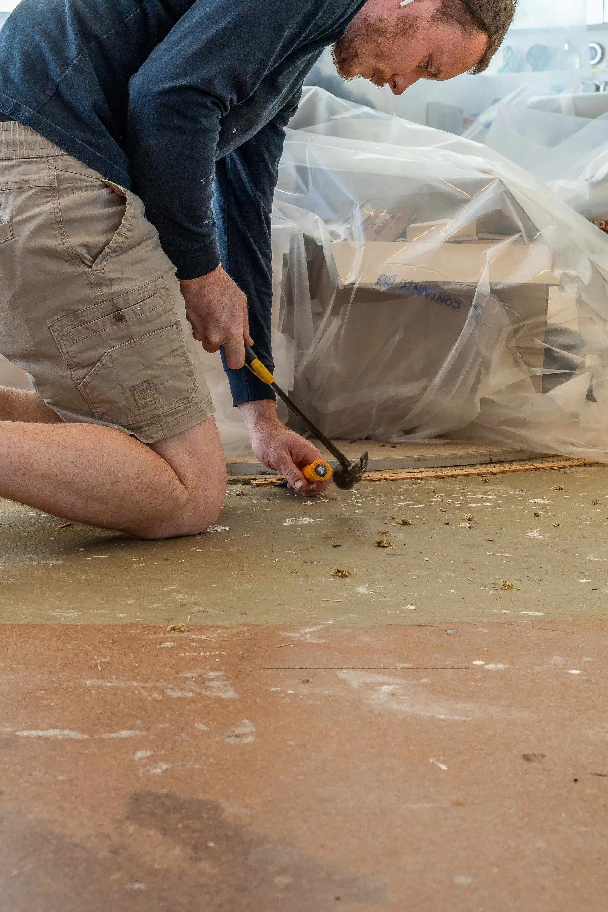 Subfloor area and tack strips exposed once the floor covering was removed